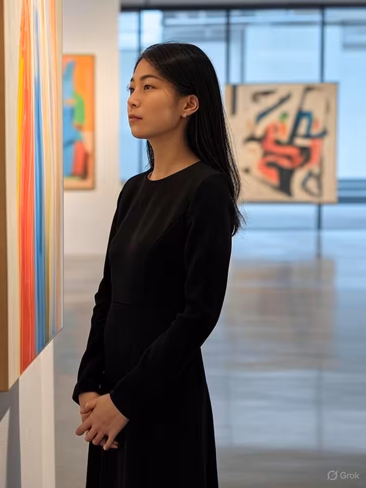 Elegant young woman in chic contemporary art gallery during Art Basel Miami, surrounded by colorful