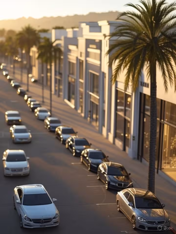Aerial view of Beverly Hills luxury shopping district at golden hour, Rodeo Drive with palm trees, l
