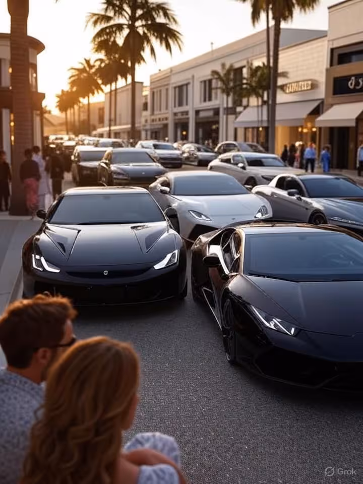 Luxurious Beverly Hills street view at golden hour, Rodeo Drive with palm trees, upscale boutiques,