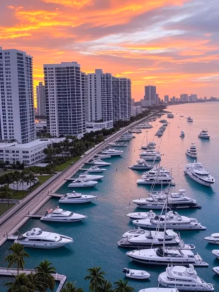 Luxurious Miami Beach sunset with modern high-rise buildings and yachts in the marina, golden hour l