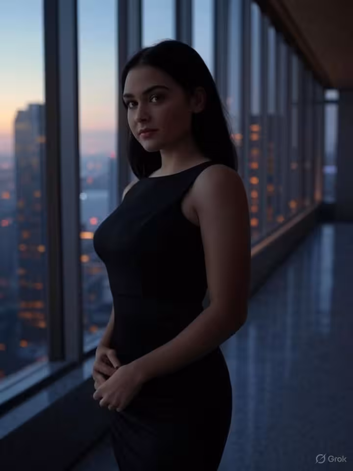 Elegant young woman in sophisticated black dress standing near floor-to-ceiling windows overlooking