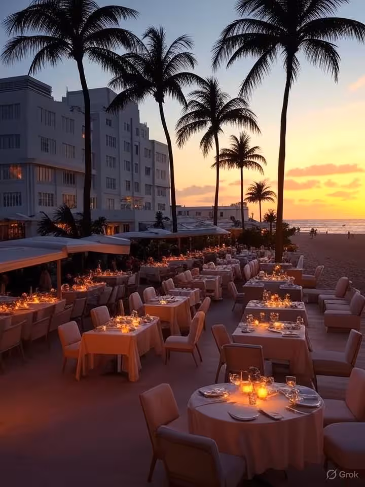 Luxurious Miami South Beach sunset view with art deco buildings, palm trees silhouetted against gold