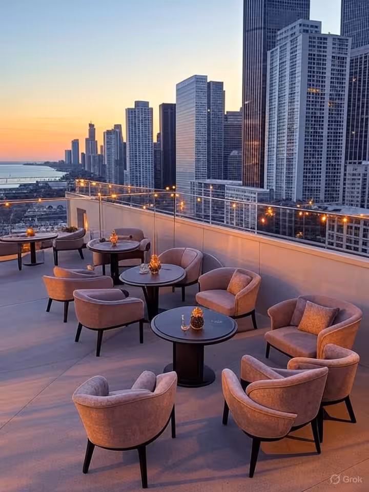 Elegant rooftop bar terrace in Chicago at sunset, panoramic city skyline view with glass railings, s