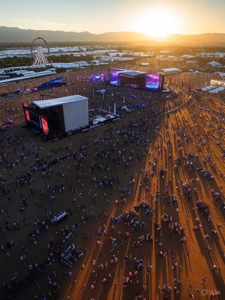 Aerial view of Coachella music festival at sunset, massive crowds, colorful stages, desert landscape