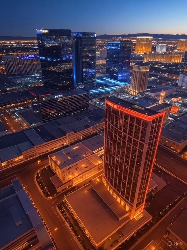 Luxurious Las Vegas nighttime skyline with illuminated casino hotels, neon lights reflecting off mod