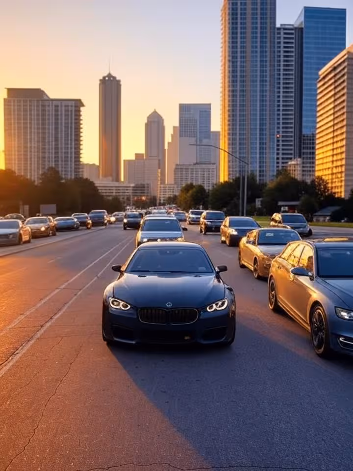 Modern skyline of Atlanta at golden hour with Buckhead high-rises, luxury cars on the street, and wa