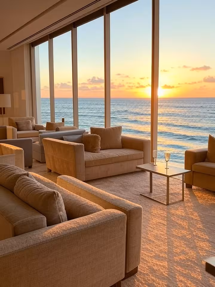 Luxury beachfront hotel suite terrace at golden hour, ocean views through floor-to-ceiling windows,