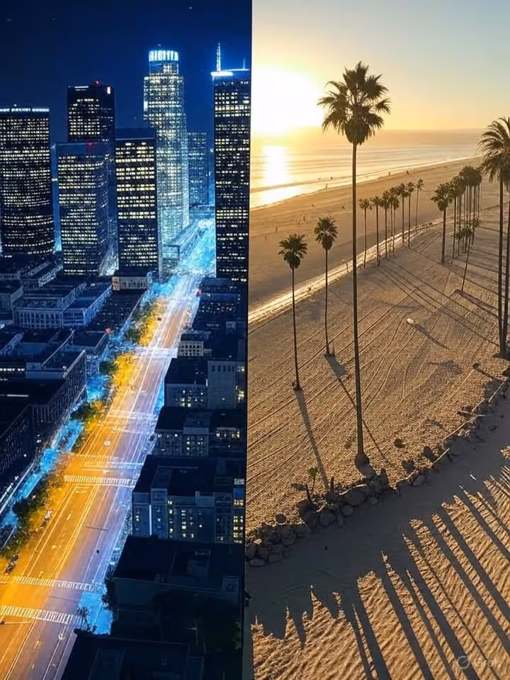 Split-screen comparison photo: left side shows Manhattan skyline at night with busy streets and corp