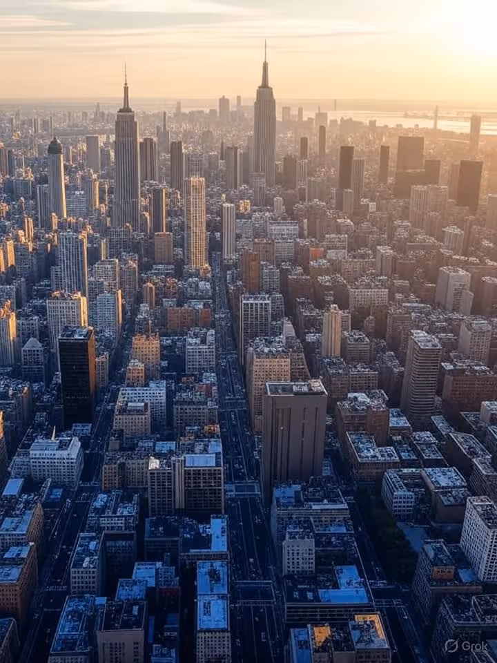 Aerial panoramic view of Manhattan skyline at golden hour, featuring iconic skyscrapers and Central
