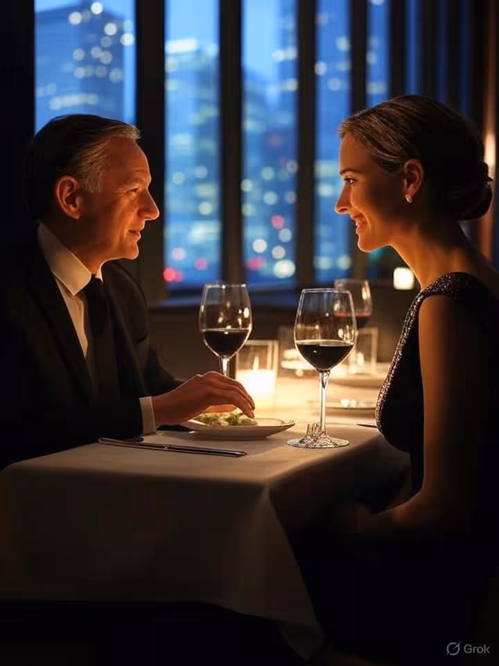 Intimate upscale restaurant scene in Chicago with couple having dinner conversation, soft ambient li