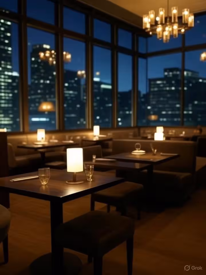 Upscale modern restaurant interior in Chicago with floor-to-ceiling windows overlooking city lights,