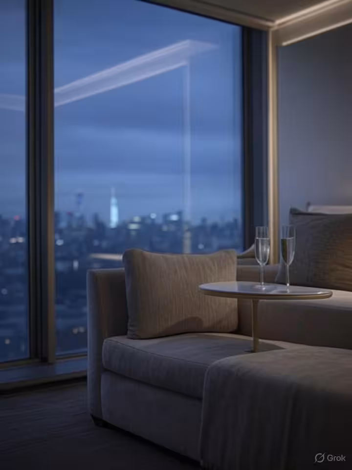 Luxurious hotel suite interior with champagne glasses on table, floor-to-ceiling windows showing Man
