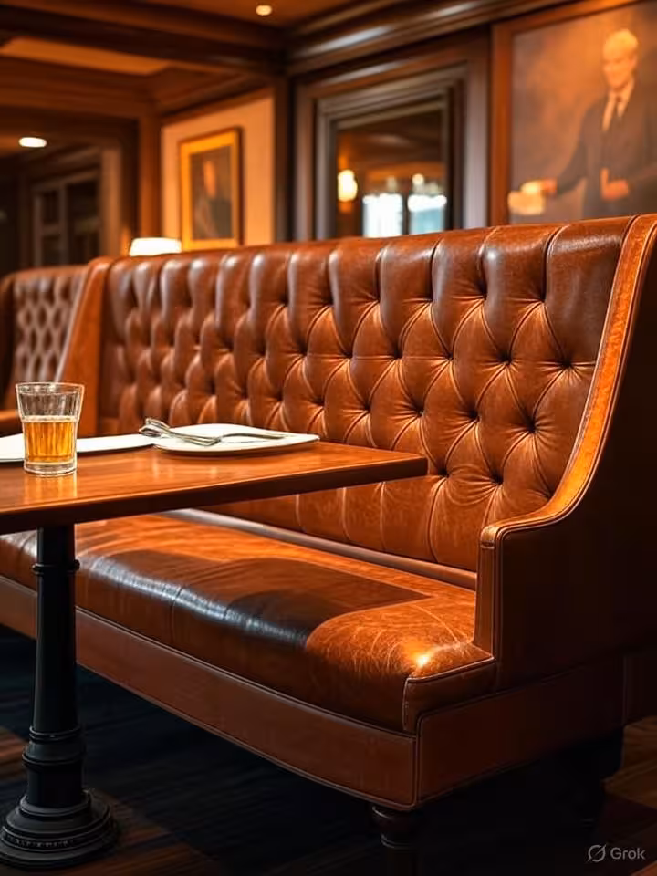 Upscale steakhouse interior with leather booths and warm amber lighting, Texas oil tycoon aesthetic,