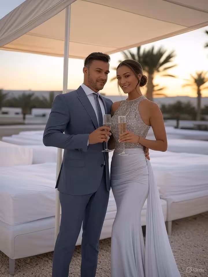 Luxury VIP section at outdoor music festival, elegant lounge area with white cabanas, well-dressed c