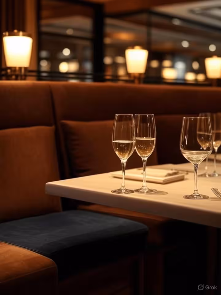 Elegant upscale restaurant interior in Las Vegas, intimate booth seating with warm ambient lighting,