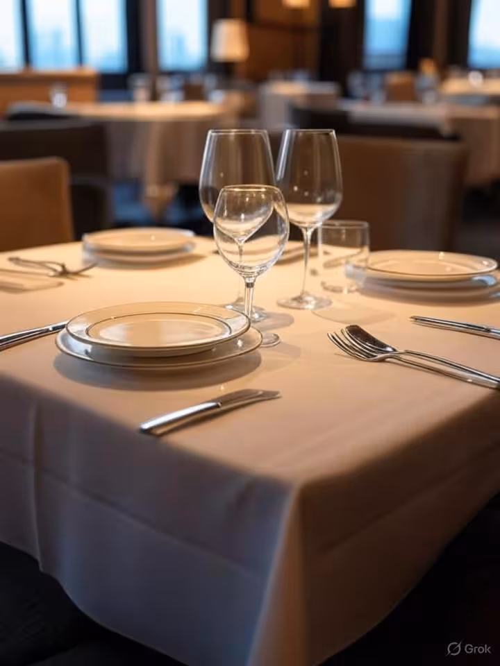 Luxury restaurant interior in San Francisco, intimate corner table setting, wine glasses, modern fin