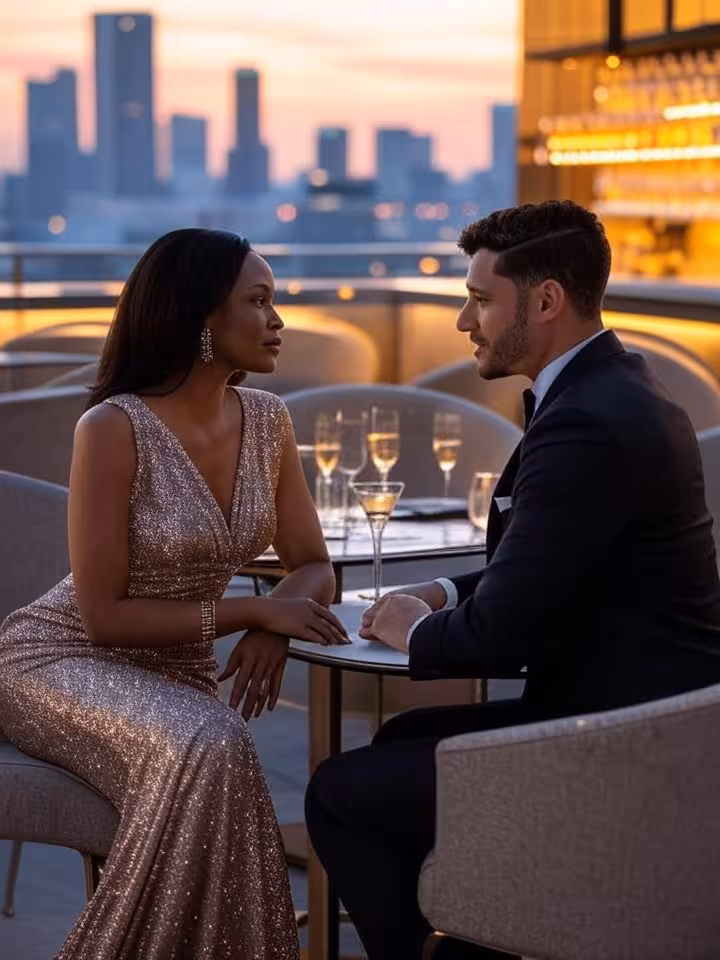 Upscale rooftop bar in Atlanta with city skyline view, intimate seating areas, champagne glasses, el