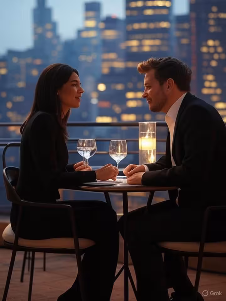 Elegant couple having intimate conversation at upscale Manhattan rooftop bar, city lights blurred in