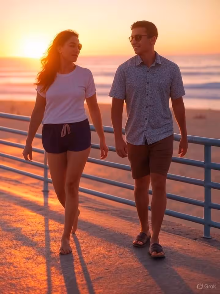 Santa Monica beach at sunset, couple walking along the pier, casual elegant style, ocean waves, gold