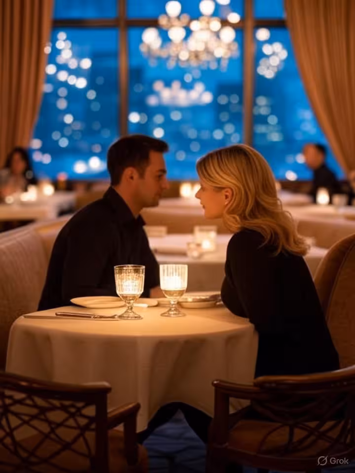 Cozy upscale Chicago restaurant interior during winter, romantic ambiance with city lights visible t