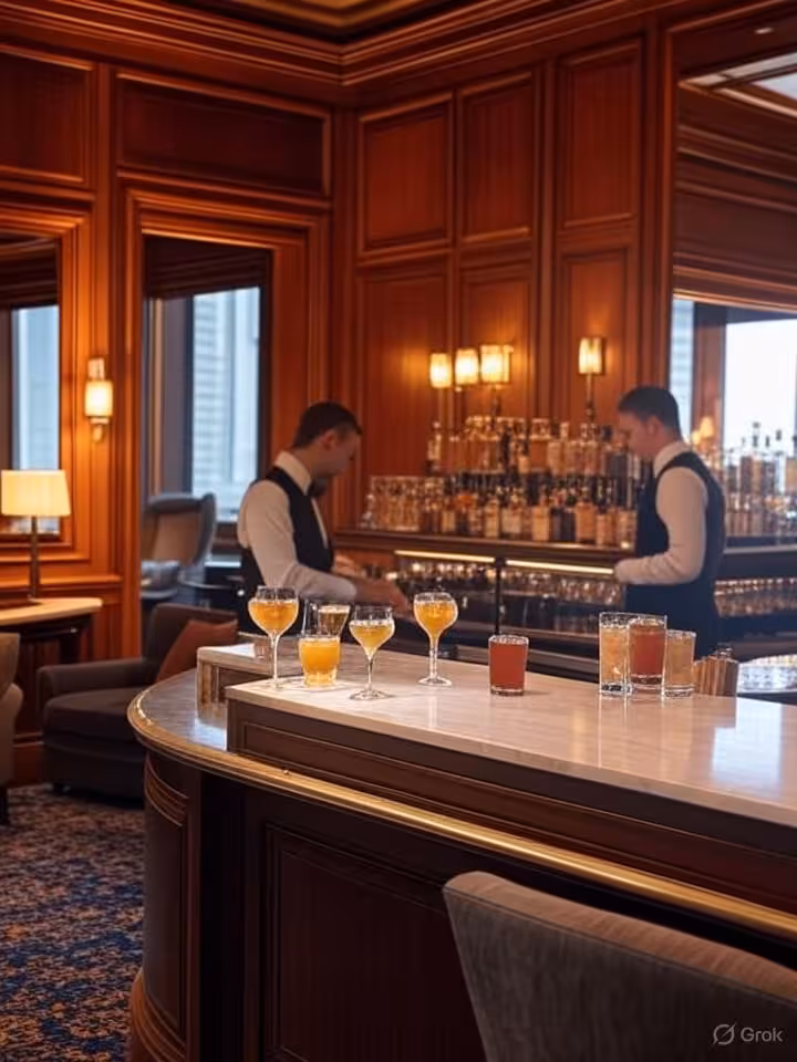 Sophisticated hotel bar interior with rich wood paneling, ambient lighting, classic cocktails on mar
