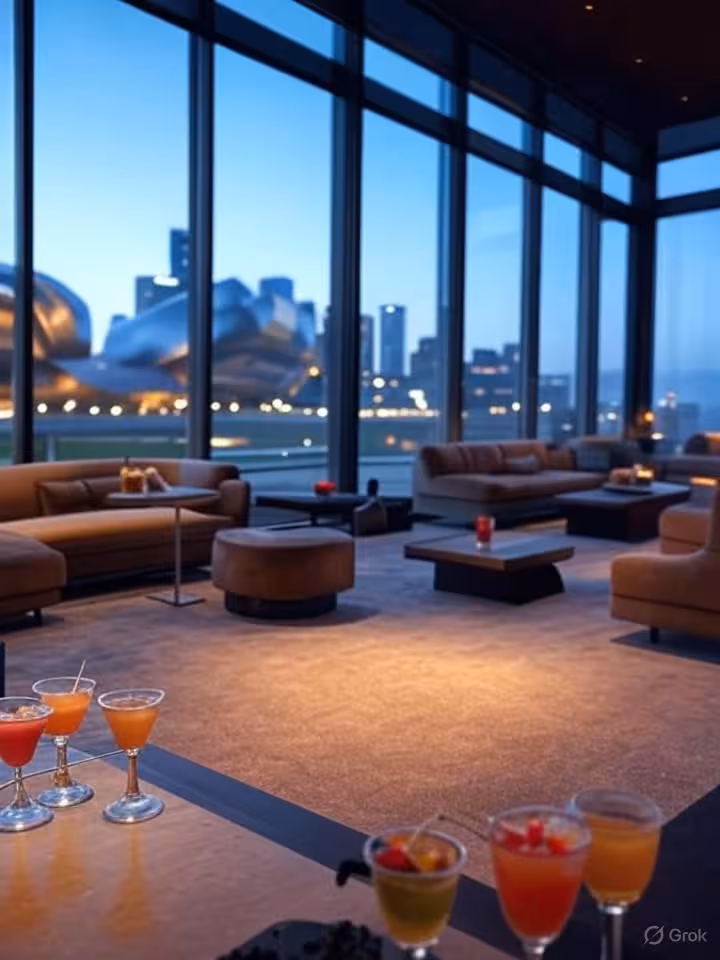 Stylish Chicago rooftop lounge interior with floor-to-ceiling windows, Millennium Park view, contemp