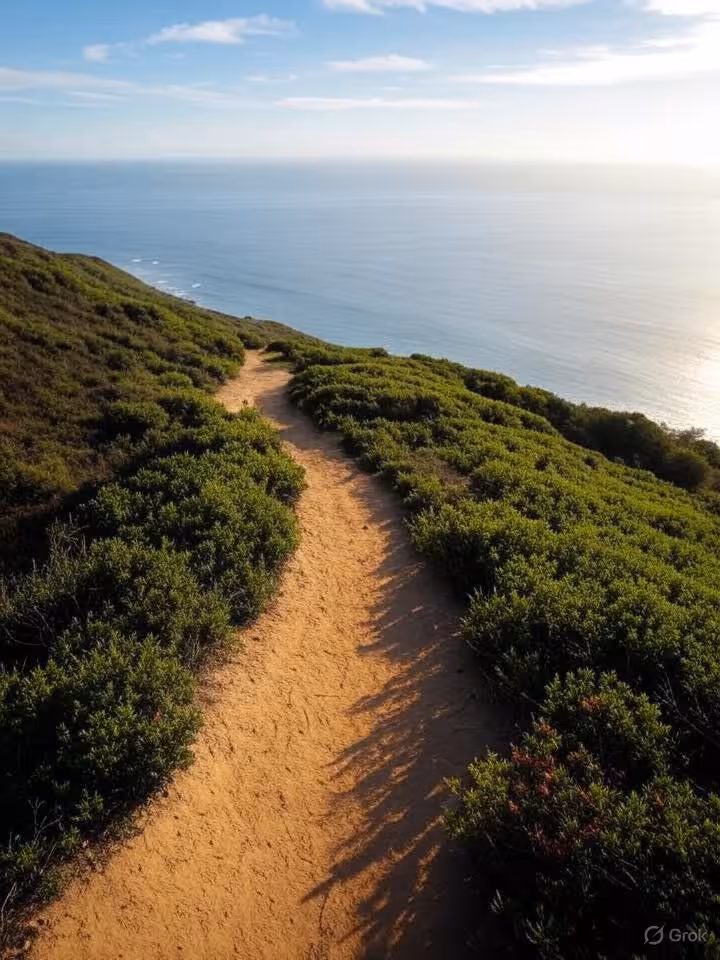 Modern minimalist Malibu hiking trail overlooking Pacific Ocean, golden California sunlight, health-