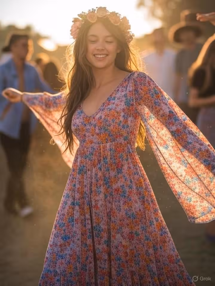 Young stylish woman in bohemian festival outfit, flower crown and flowing dress, dancing at outdoor 