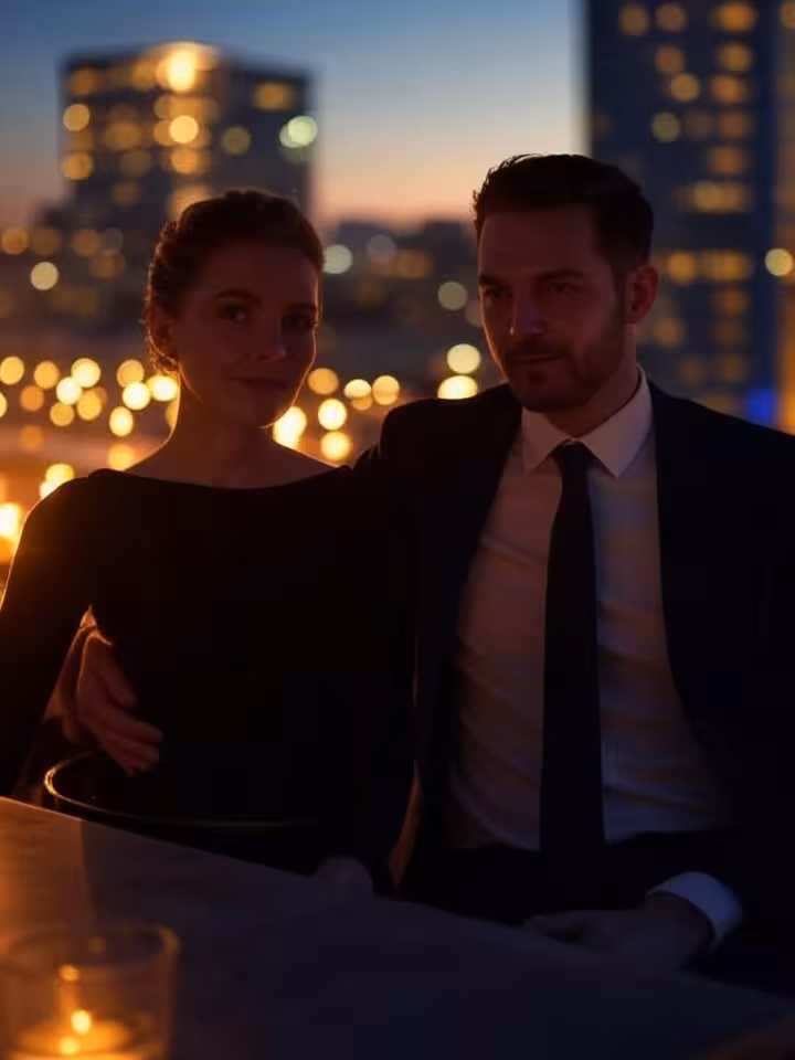 Intimate rooftop bar scene in Austin at dusk, sophisticated couple having drinks with city lights in