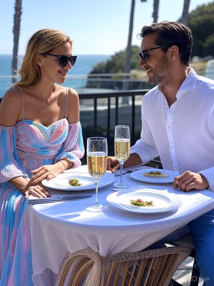 Luxurious Los Angeles lifestyle scene: couple at outdoor Malibu brunch, ocean view terrace, bright n