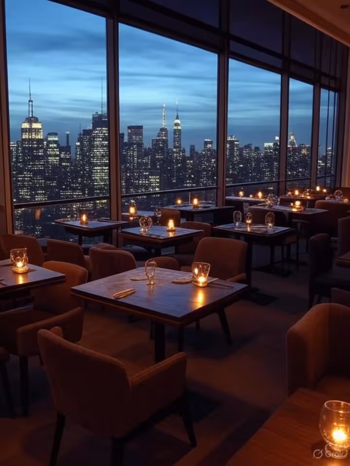 Luxurious New York City restaurant interior with floor-to-ceiling windows overlooking Manhattan, fin