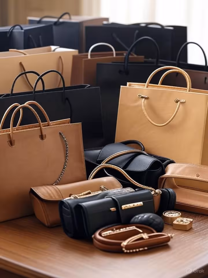 Luxury shopping bags and designer items artfully arranged, high-end fashion accessories, soft dramat