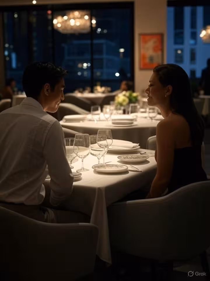 Intimate fine dining scene in upscale Miami restaurant during Art Basel week, modern interior design