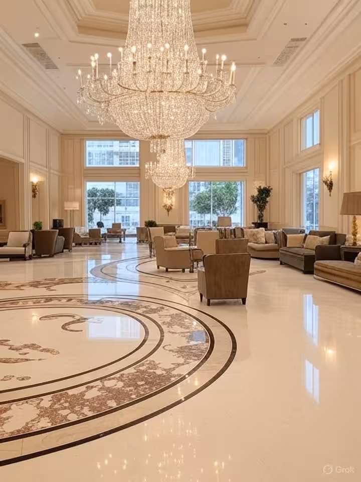 Beverly Hills luxury hotel lobby interior, sophisticated decor, marble floors, crystal chandeliers,