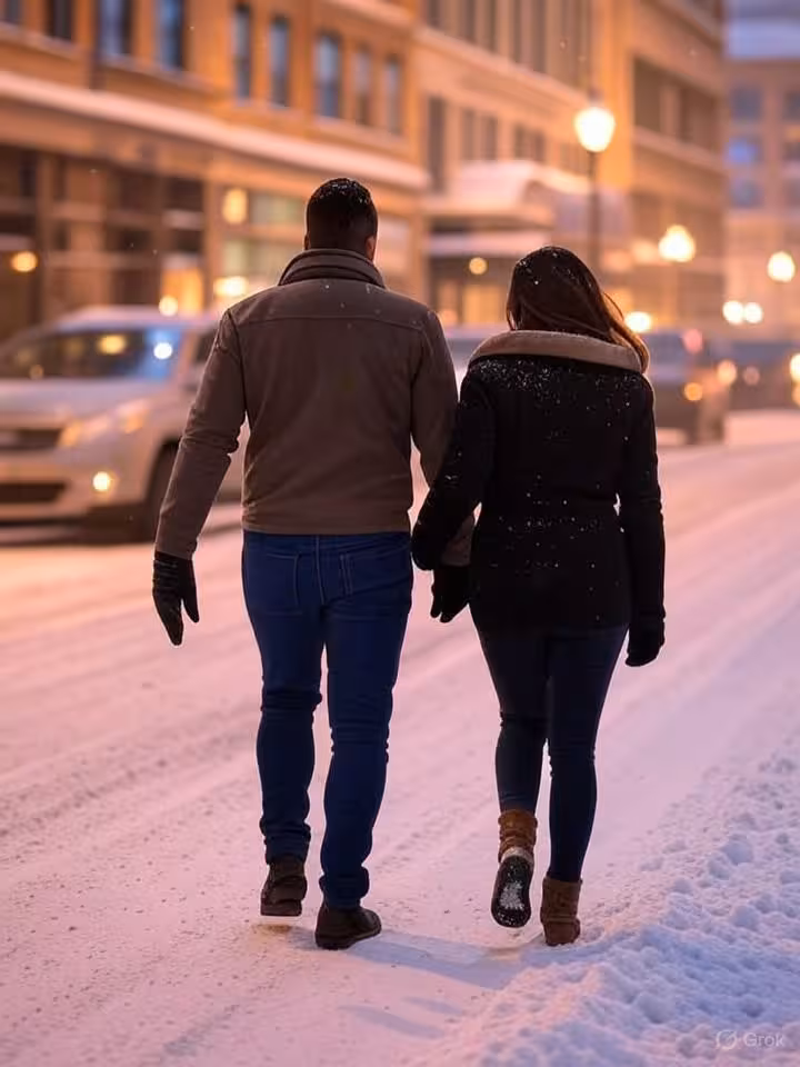 Chicago winter scene with snow-covered streets and urban architecture, cozy intimate feeling, profes
