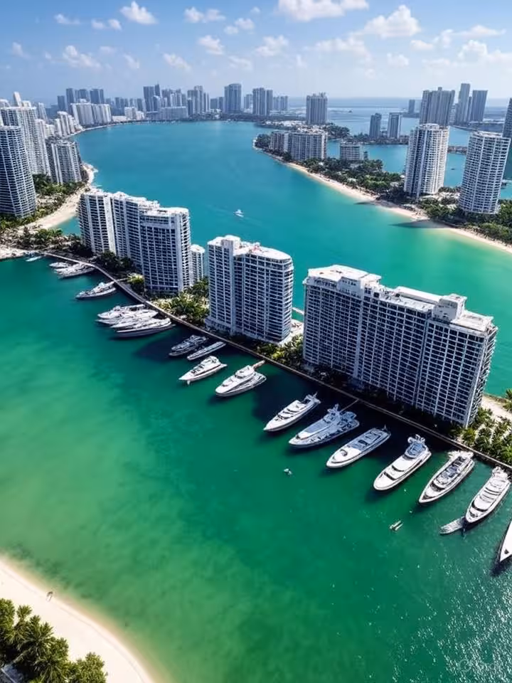 Aerial view of Miami's Biscayne Bay with luxury condos and waterfront, high-end real estate, turquoi