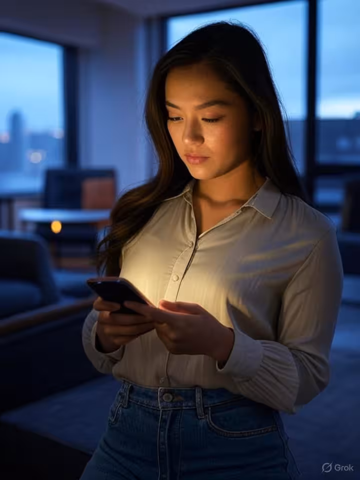 Young attractive woman checking smartphone with thoughtful expression in modern Manhattan apartment,