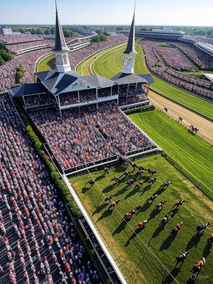 Aerial view Churchill Downs racetrack on Derby day, massive crowds in colorful attire, twin spires p