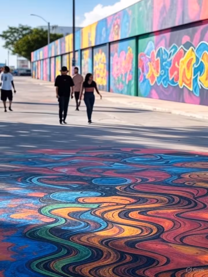 Wynwood Miami street art district, colorful vibrant murals on warehouse walls, trendy artistic neigh