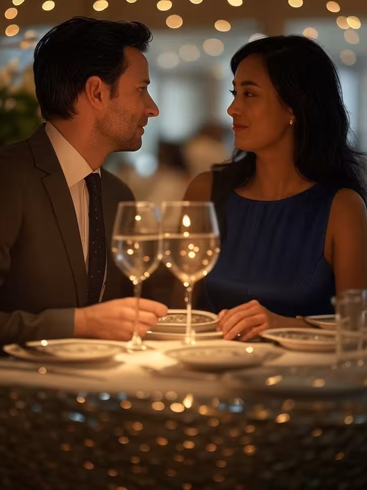 Sophisticated couple having intimate dinner conversation at French Room restaurant Dallas, elegant t