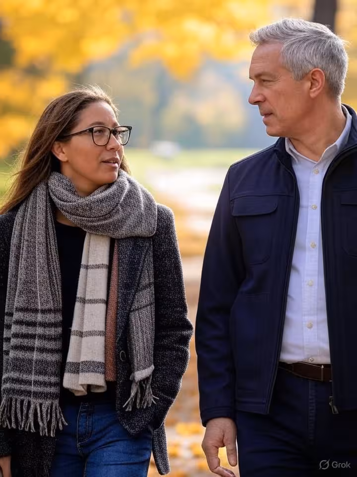 Young professional woman and mature businessman walking through Central Park in autumn, natural cand