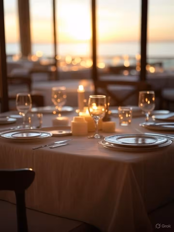 Intimate candlelit dinner table at upscale Miami restaurant, ocean view through floor-to-ceiling win