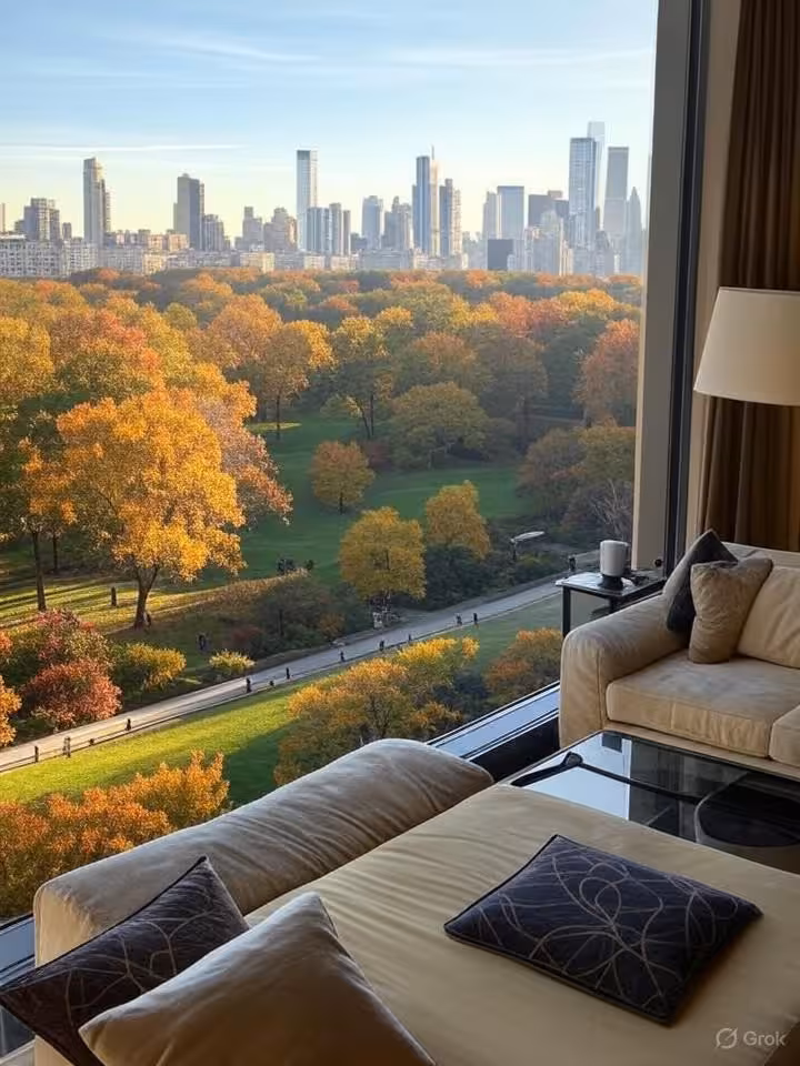 Panoramic Central Park view from luxury hotel suite window, autumn foliage visible, afternoon natura