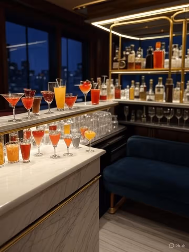 Luxurious hotel bar interior in Manhattan, marble surfaces, velvet seating, soft ambient lighting, i