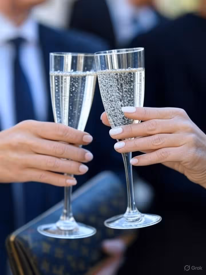 Close-up elegant hands toasting with crystal champagne flutes at Millionaires Row, woman's manicured