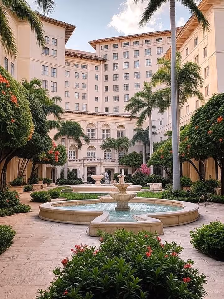 Elegant Coral Gables Mediterranean architecture, historic Biltmore Hotel grounds, lush tropical gard