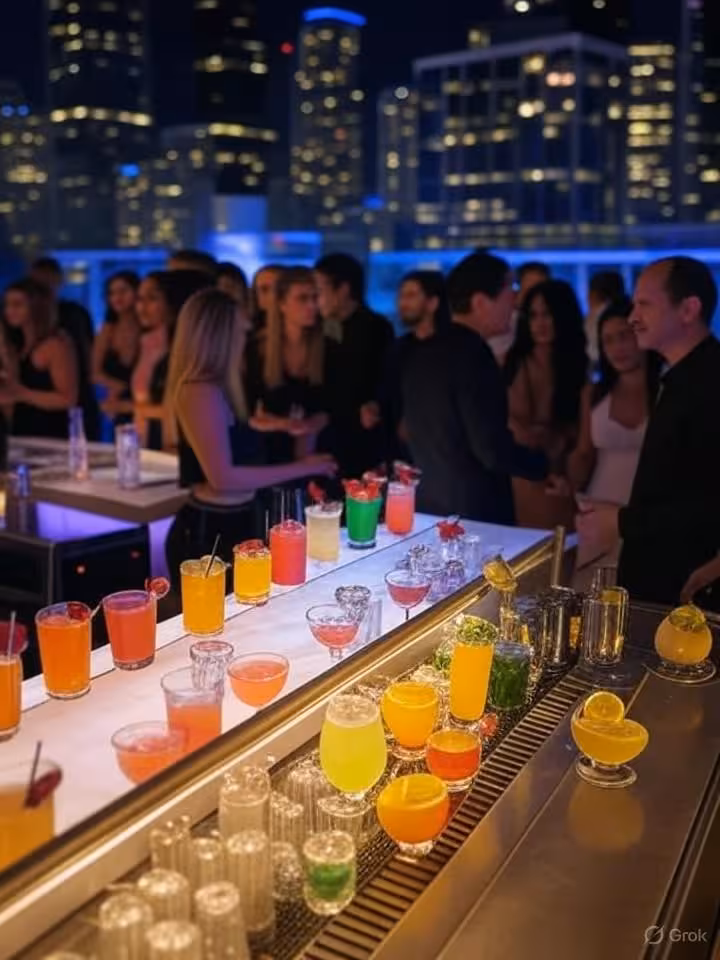 Trendy modern rooftop bar at Virgin Hotel Chicago, creative cocktails on bar counter, diverse crowd 