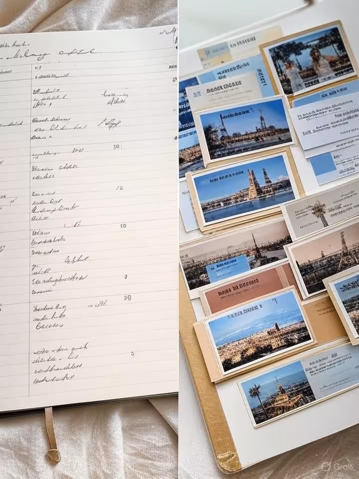 Split screen of structured monthly planner with elegant handwriting next to spontaneous vacation pho