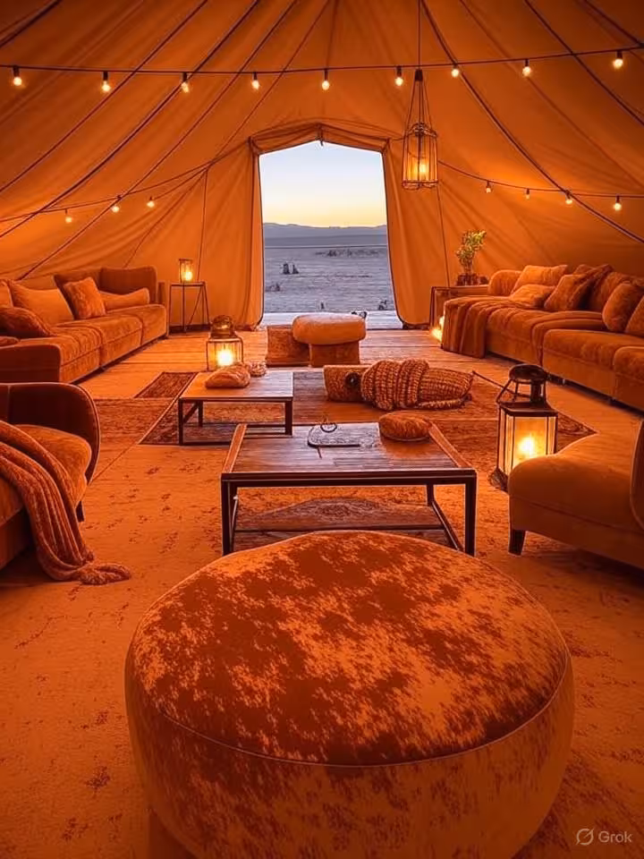 High-end desert glamping setup, luxury tent interior with bohemian decor, string lights, comfortable