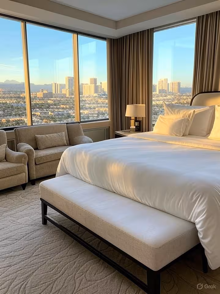 Luxurious hotel suite interior Las Vegas style, floor-to-ceiling windows with strip view, modern ele